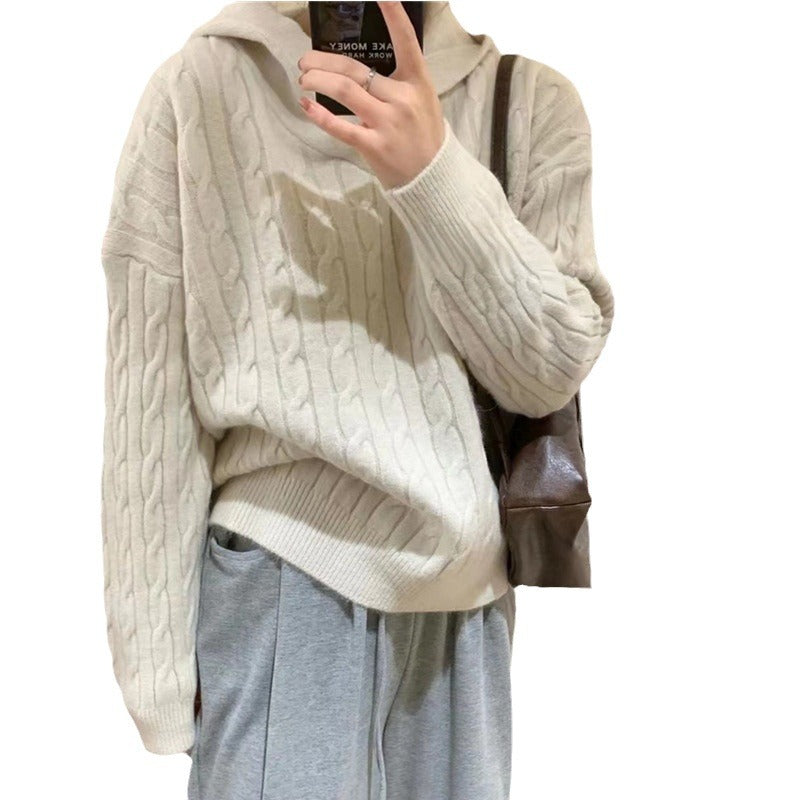 Damen Kuscheliger Strickpullover Kapuze Zopfmuster Norvielle