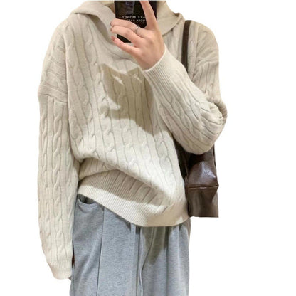 Damen Kuscheliger Strickpullover Kapuze Zopfmuster Norvielle