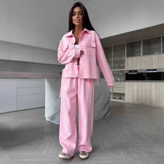 Damen Set Weiches Oberteil Lockere Hose Mit Gürtel - Norvielle
