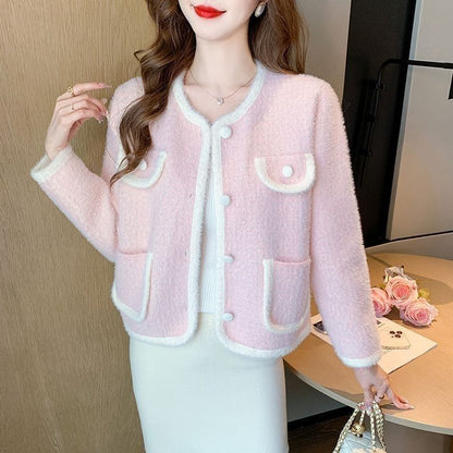 Damen Bouclé-Cardigan Weich Taschen Beige