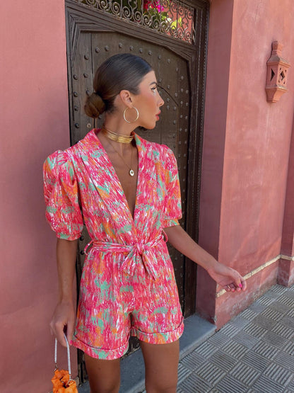 Damen Jumpsuit V-Ausschnitt Knöpfgürtel Norvielle