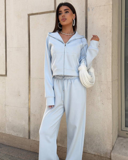 Damen Freizeitanzug Cropped Jacke Weite Hose Norvielle