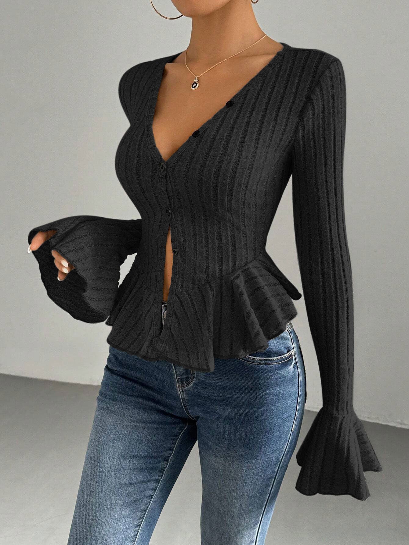 Damen Strickjacke Tailliert Rüschendetails Norvielle