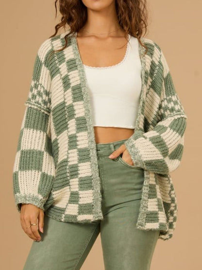 Damen Strickjacke Karomuster Weite Ärmel Beige