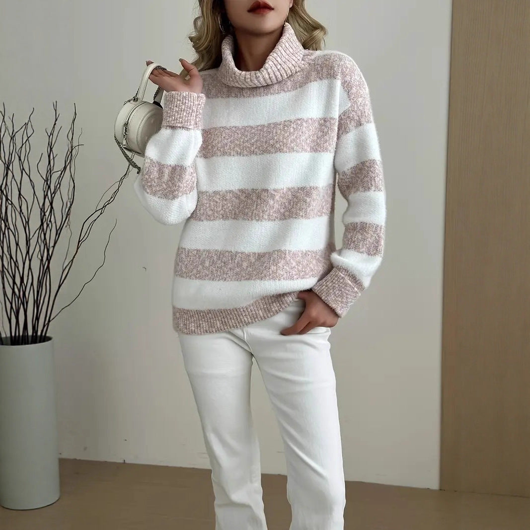 Damen Pullover Hochkragen Gestreift Norvielle