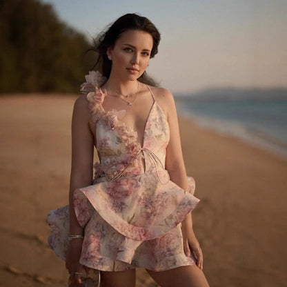 Damen Rüschenkleid Floralmuster V-Ausschnitt