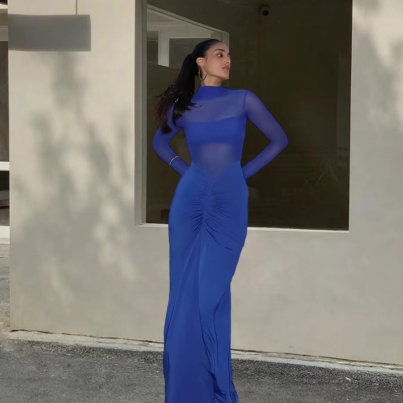 Damen Elegantes Maxikleid mit transparenten Ärmeln und Drapierung