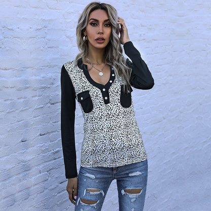 Damen Langarmshirt Leoprint Baumwolle Taschen Beige