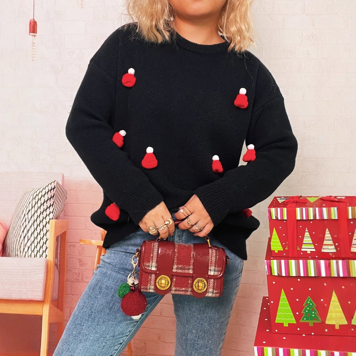 Damen Weihnachtspullover Kuschelfleece Festliche Applikationen - Norvielle