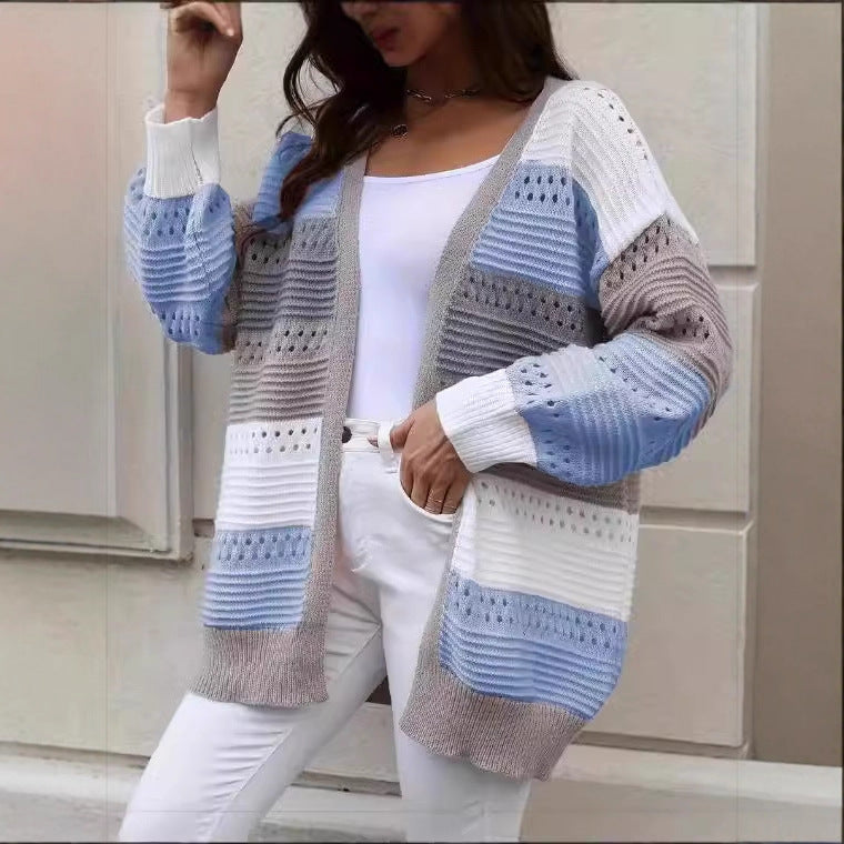 Damen Strickcardigan Groß Lochmuster Farbblock Norvielle - Norvielle