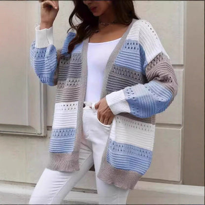 Damen Strickcardigan Groß Lochmuster Farbblock Norvielle - Norvielle