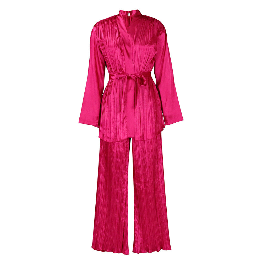 Damen Schlafanzug Satin Plisseefalten Norvielle