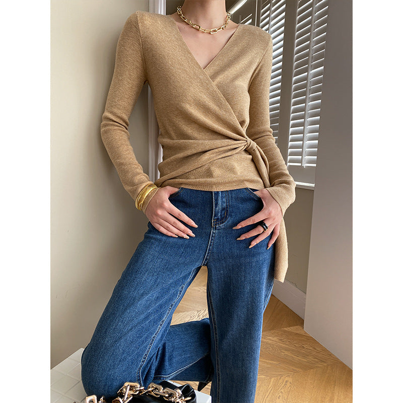 Damen Wickelpullover Weiches Strickmaterial V-Ausschnitt Dekoratives - Norvielle