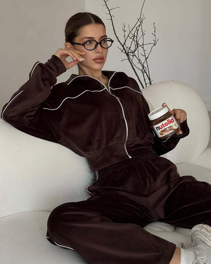 Damen Velours Joggingset Hochkragen Reißverschluss Norvielle