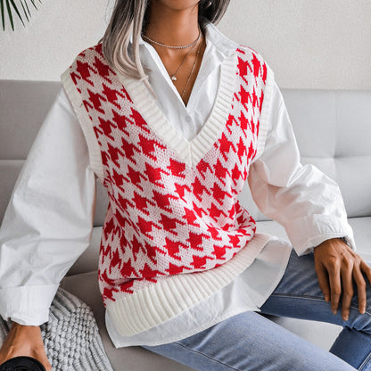 Damen Rippstrick-Weste V-Ausschnitt Hahnentritt-Design