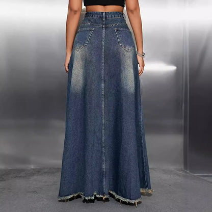 Damen Jeans Maxirock Hohe Taille Französer