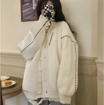 Damen Strickcardigan Weich Groß Knöpfe Beige - Norvielle