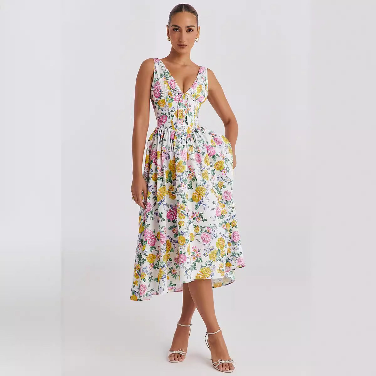 Damen Midikleid Floralmuster V-Ausschnitt Norvielle