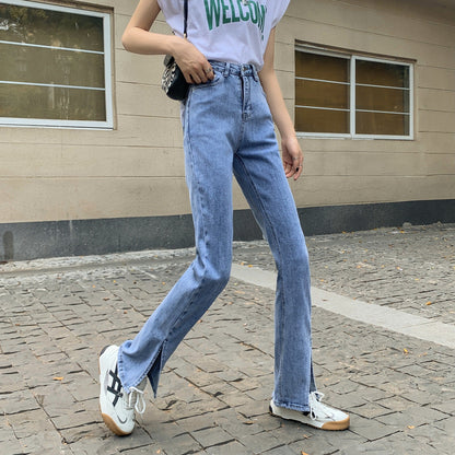 Damen Hochtaillierte Denimhose mit Seitenschlitzen