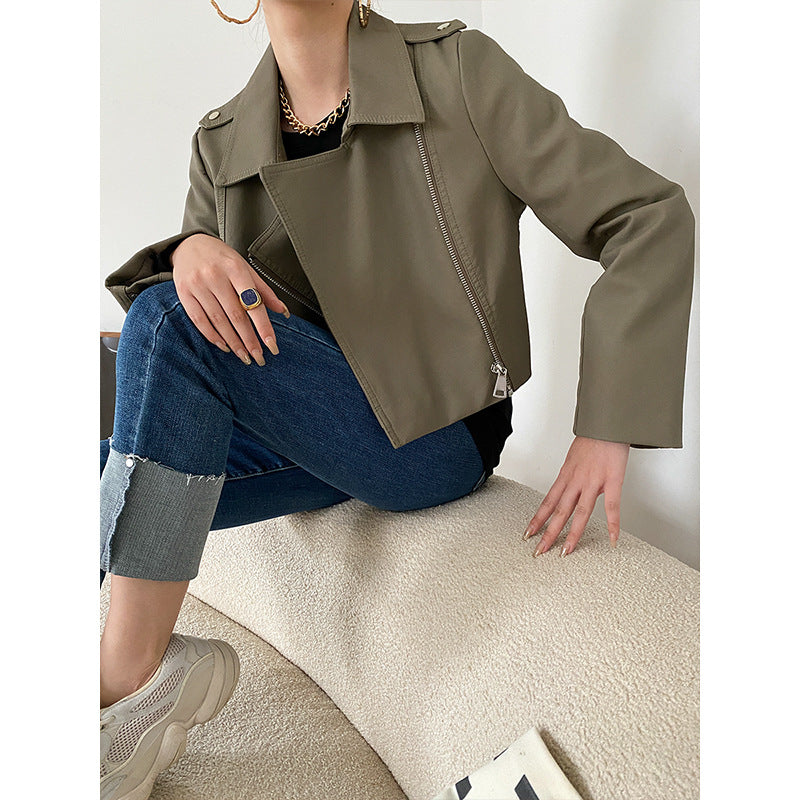 Vegane Damen Lederjacke Biker-Stil Asymmetrischer Reißverschluss
