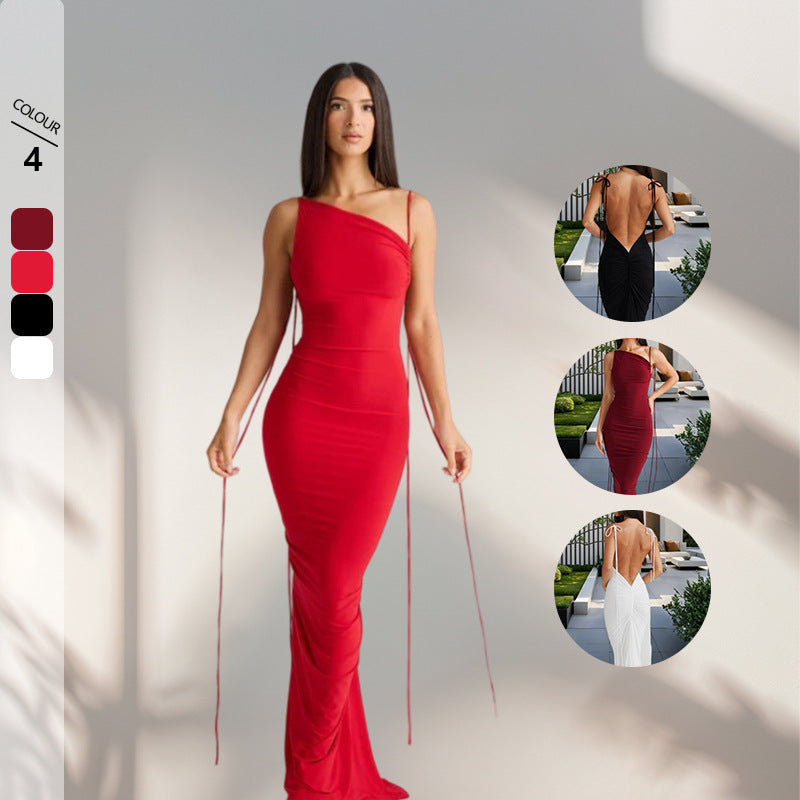 Damen Maxikleid Rückenfrei mit Bindebändern Elegant Schwarz - Norvielle
