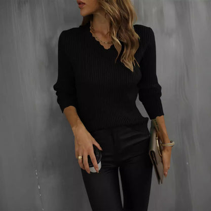 Damen Rippenpullover V-Ausschnitt Wellenkante Norvielle