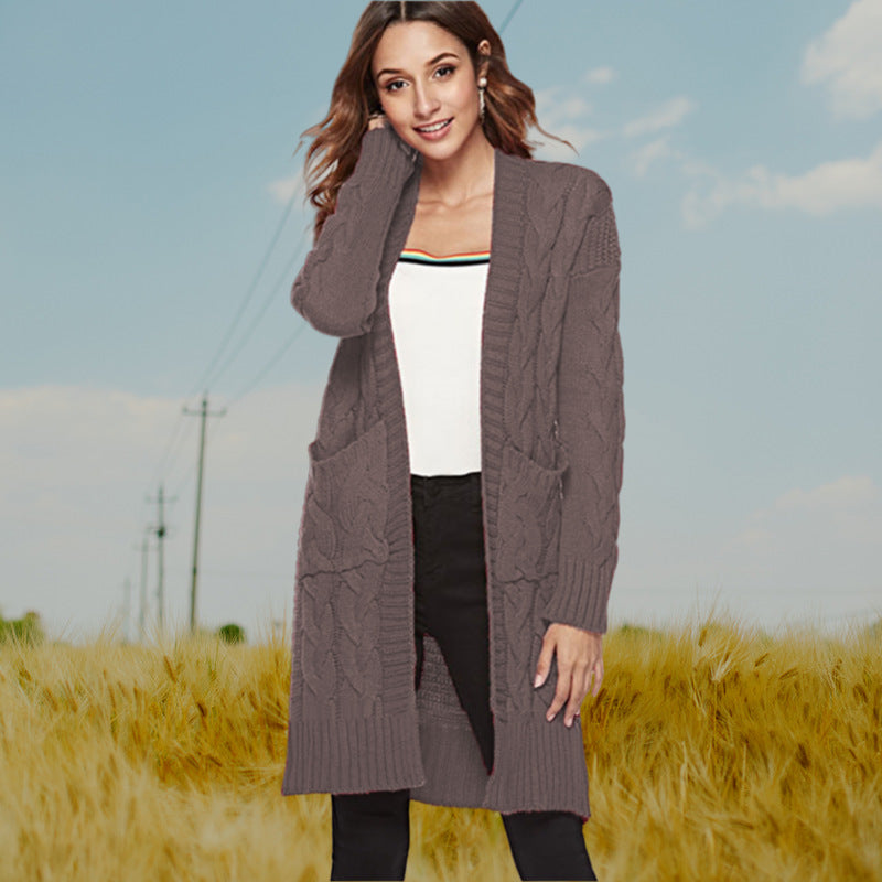 Damen Grobstrick Cardigan Zopfmuster Taschen Beige