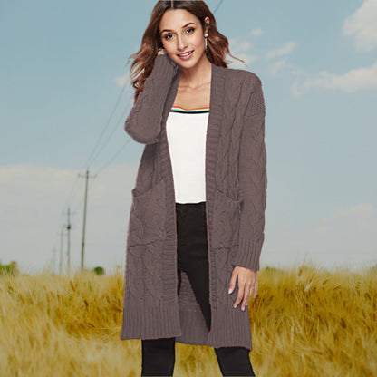 Damen Grobstrick Cardigan Zopfmuster Taschen Beige