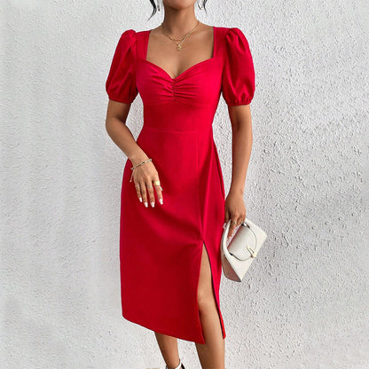 Damen Midi-Kleid Puffärmel Seitenriss