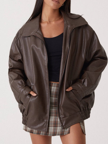 Damen Lederjacke Lässig Großer Kragen