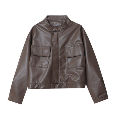 Damen Kunstlederjacke Sportlich Mit Taschen