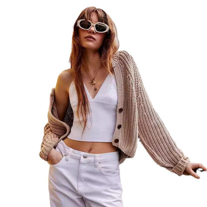 Damen Strickcardigan Lässig Überschnittene Schultern Beige