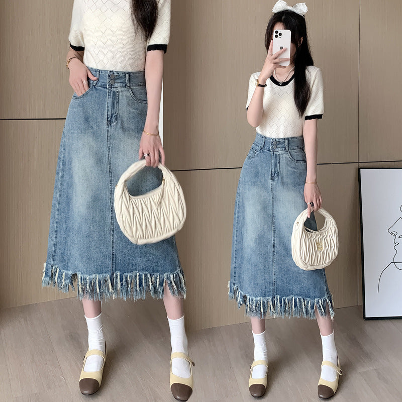 Damen Denim Midi-Rock Fransiger Saum Schwarz - Norvielle