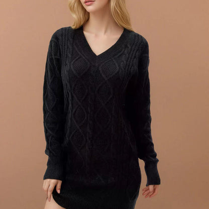 Damen Strickkleid V-Ausschnitt Strukturiert