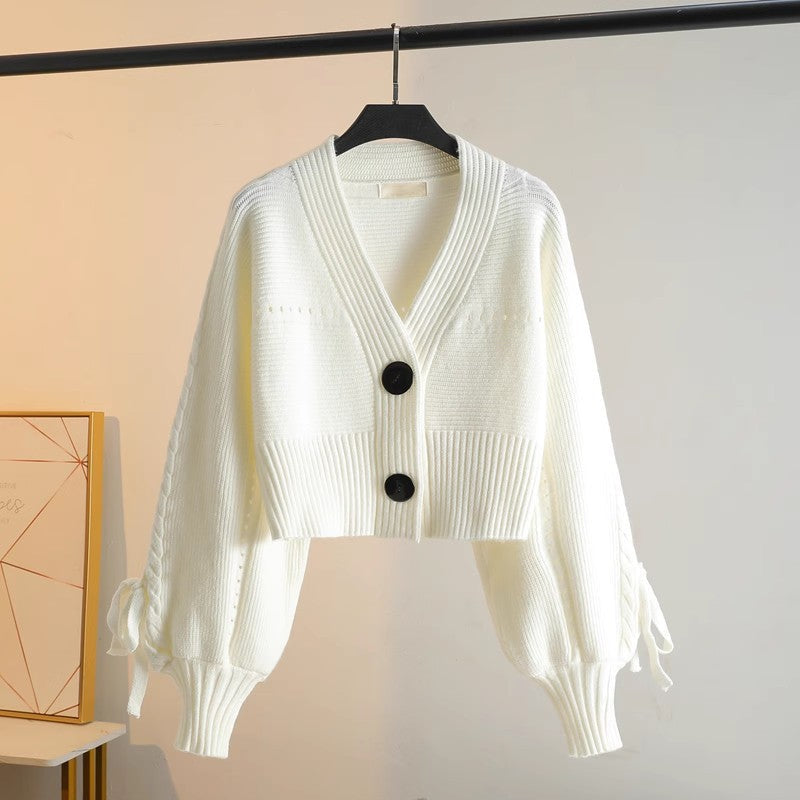 Damen Cropped Cardigan Elegant Knöpfe Rippstruktur Beige