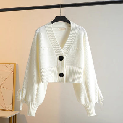 Damen Cropped Cardigan Elegant Knöpfe Rippstruktur Beige