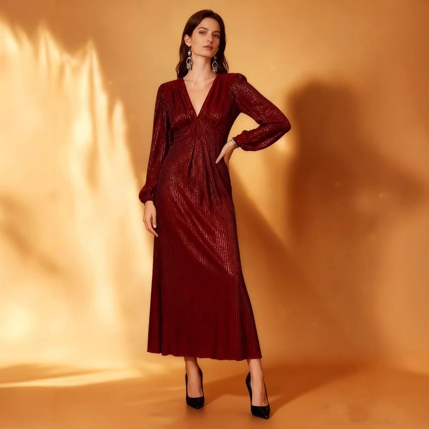 Damen Abendkleid Funkelnder Stoff V-Ausschnitt Norvielle
