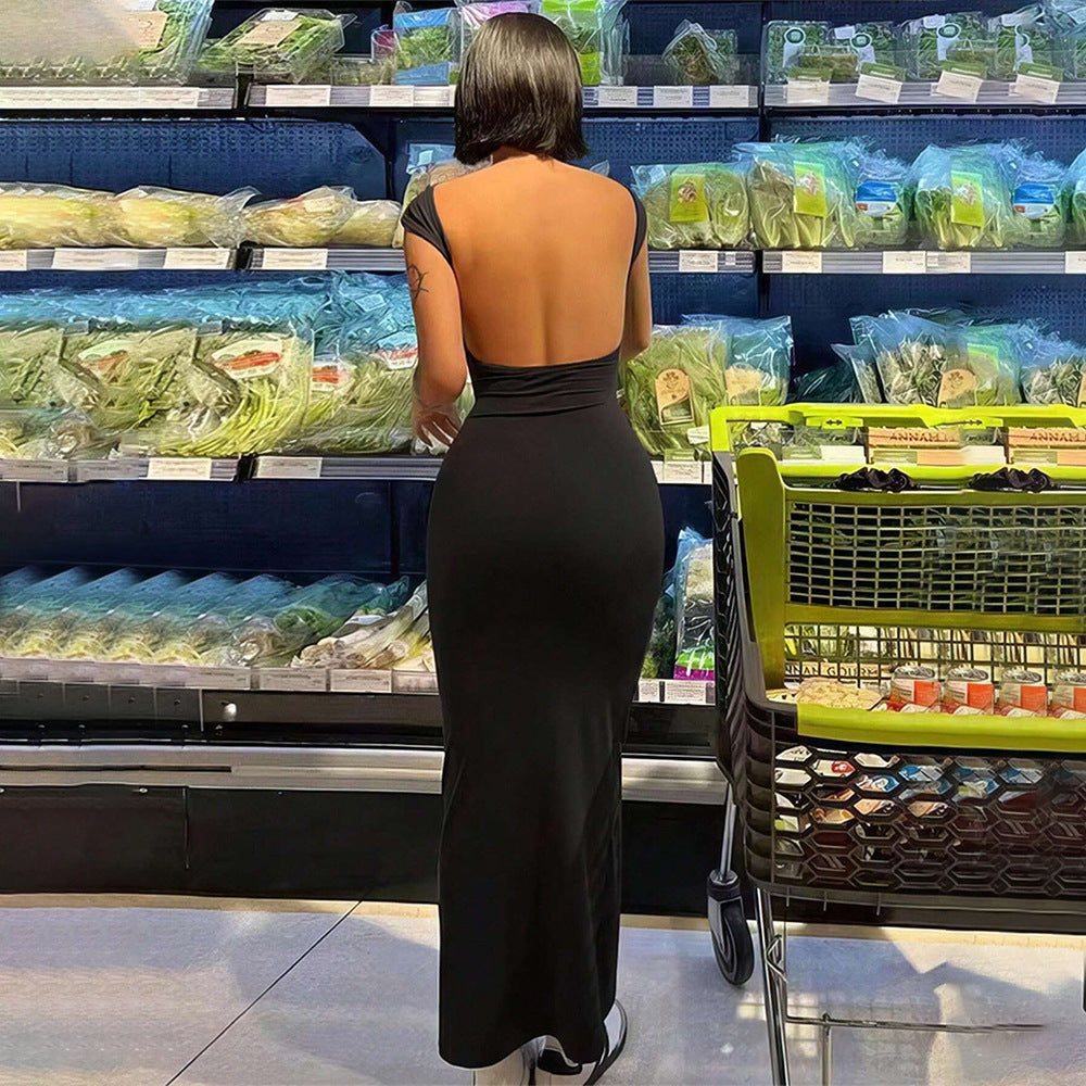 Damen Maxikleid mit Rückenausschnitt Figurbetonter Stoff Schwarz - Norvielle