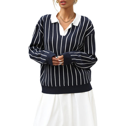 Damen Sportpullover Kontraststreifen Klassischer Kragen Norvielle