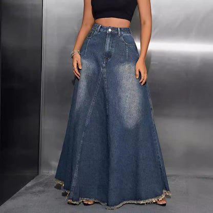 Damen Jeans Maxirock Hohe Taille Französer
