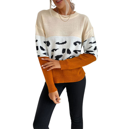 Damen Strickpullover Lässig Farbblock-Design Animal-Muster