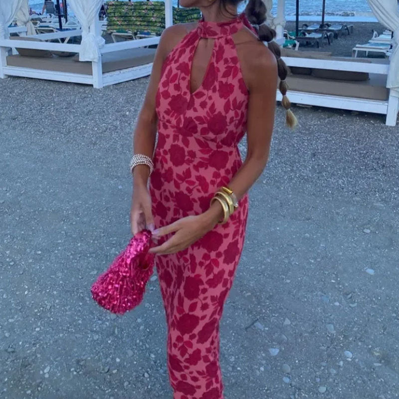 Damen Maxikleid Florales Design V-Ausschnitt
