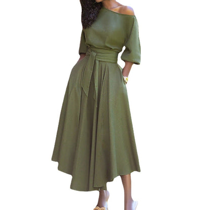 Damen Maxi-Kleid Schulterfrei Mit Gürtel Norvielle