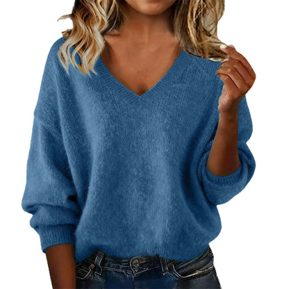 Damen Pullover V-Ausschnitt Weiches Fluff-Material Oversized