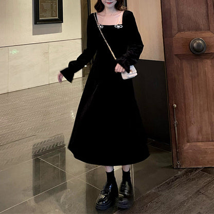 Damen Maxikleid Samt Rüschendetails Elegantes Schwarz - Norvielle