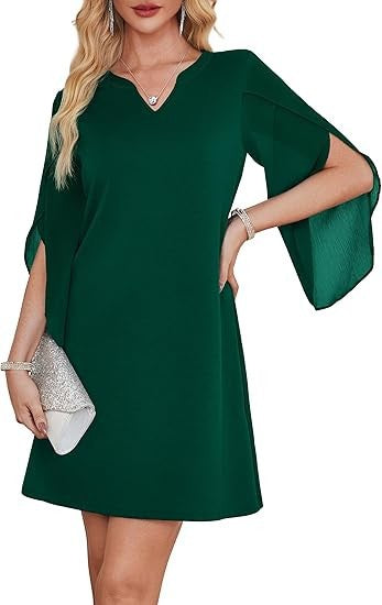 Damen V-Ausschnitt Kleid Durchsichtige Ärmel Norvielle