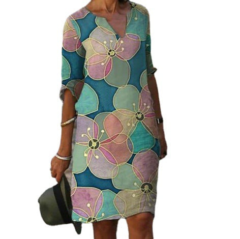 Damen Kleid mit floralem Muster V-Ausschnitt