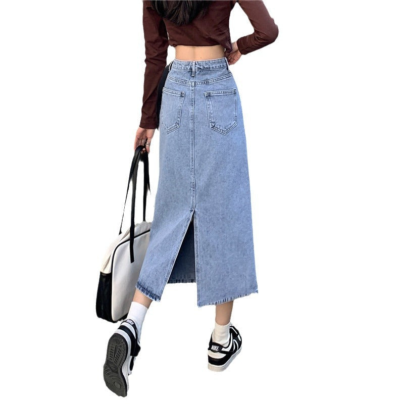 Damen Maxi-Denimrock Hochtaillierter Bund Seitenschlitz