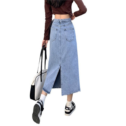 Damen Maxi-Denimrock Hochtaillierter Bund Seitenschlitz