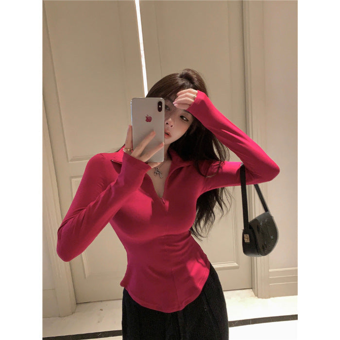 Damen Langärmliges Oberteil Moderner Kragen Slim Fit